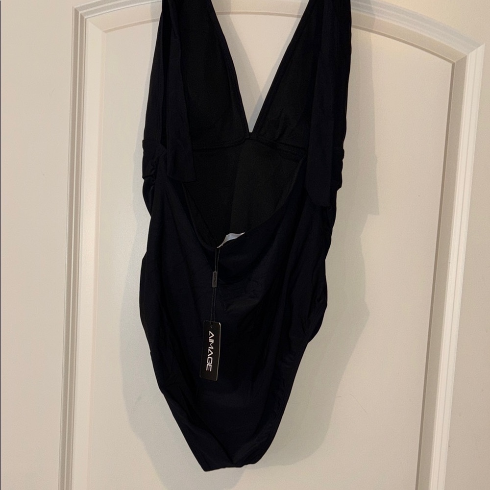 AI'MAGE Womens Halter One Piece Swimsuits Deep V Neck Tummy Control Black XL NWT - Picture 8 of 16